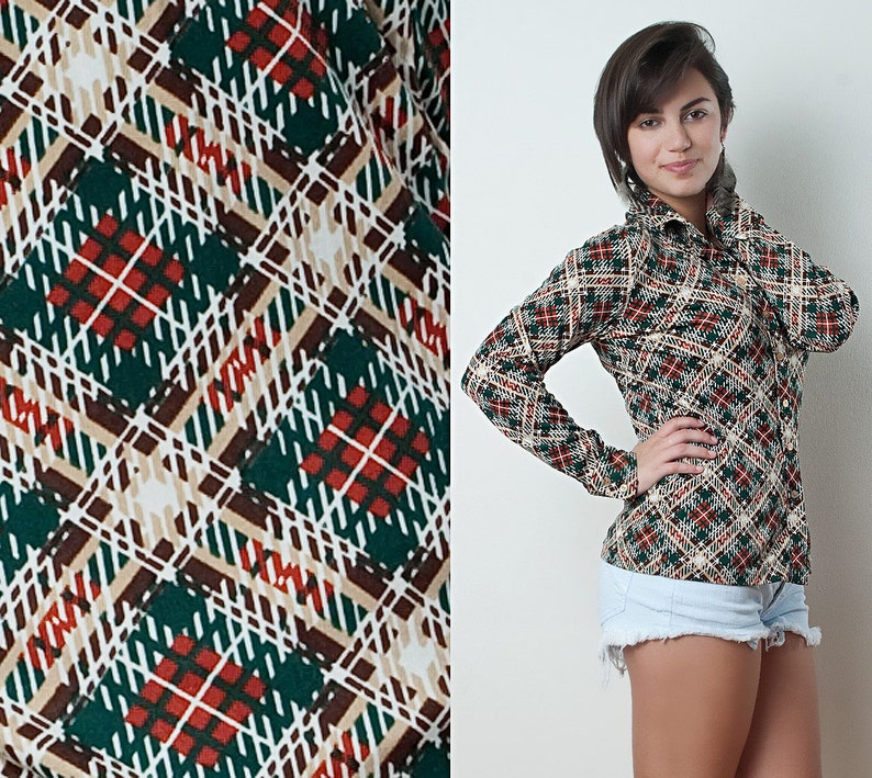 Vintage 70s Blouse Disco Polyester knit Shirt Multicolored Plaid tartan long sleeves M MEDIUM 38 Bust image 1