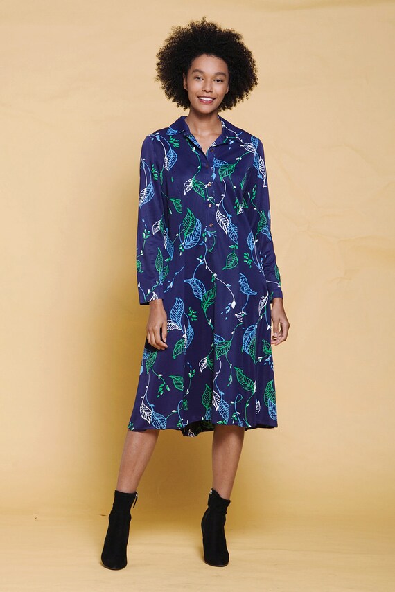 shirt dress leaf print long sleeves navy blue gre… - image 3