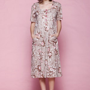 pocket shirtwaist dress brown pink rose print floral slinky short sleeve vintage 70s EXTRA LARGE XL image 2