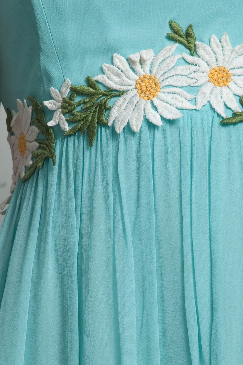 vintage 60s maxi dress blue sheer daisy applique floral empire waist bow SMALL S