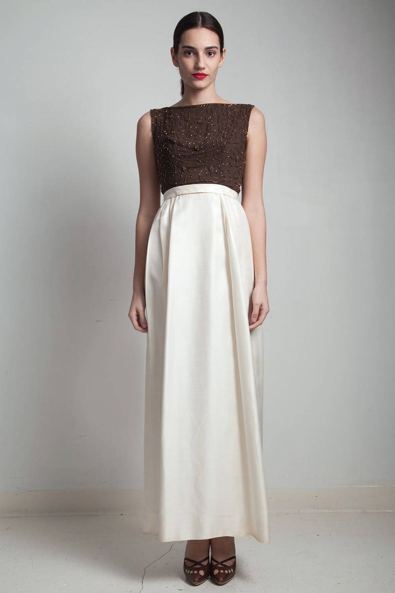 Vintage 60s Evening Gown Beaded Maxi Dress Silk Brown Ivory Sleeveless