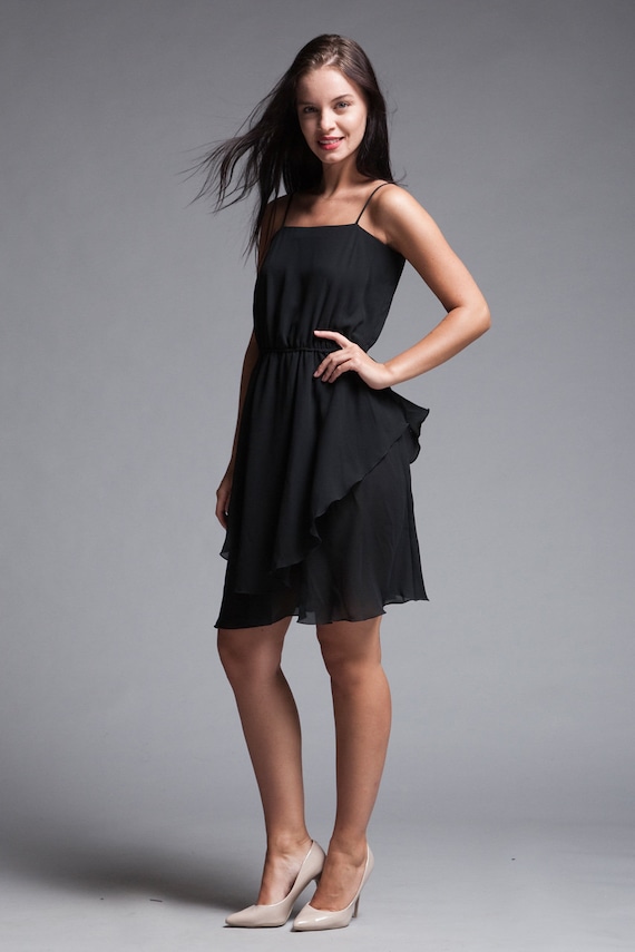 ruffled tank dress black sheer layers spaghetti st