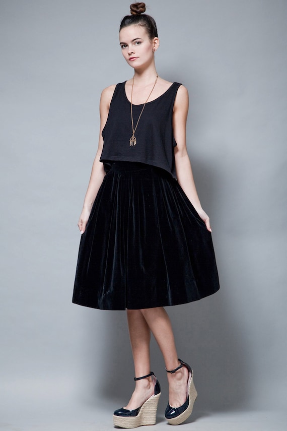 vintage 50s 1950s pleated skirt black velvet xs s… - image 2
