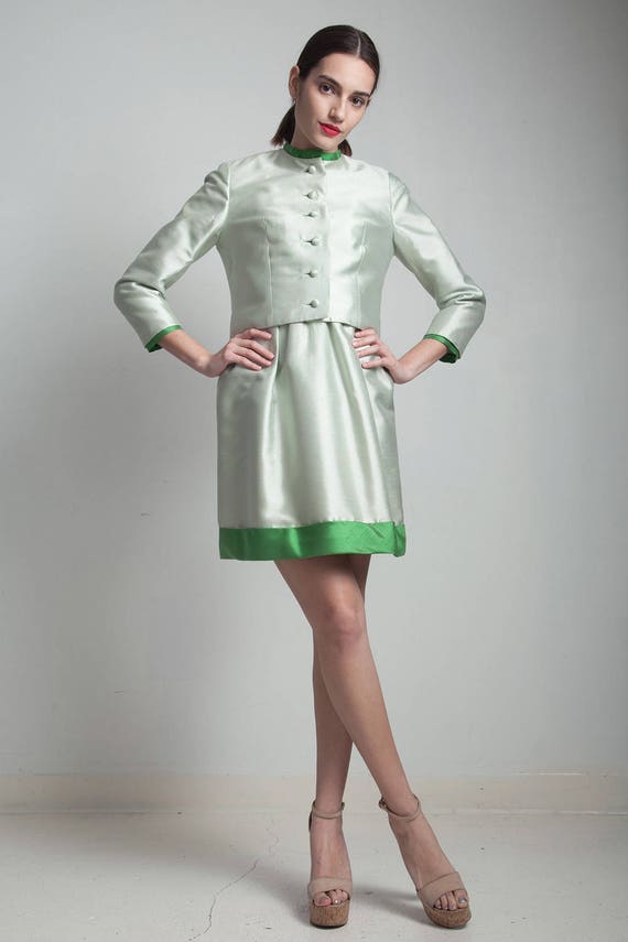 vintage 50s mini silk dress jacket set light gree… - image 7