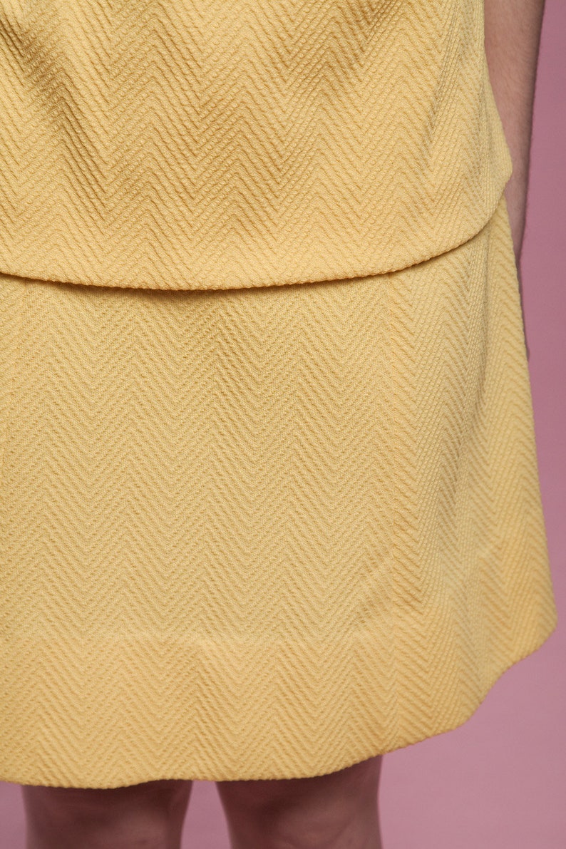 60s ascot dress, yellow sleeveless textured chevron drop waist mod mini vintage 60s MEDIUM M image 10