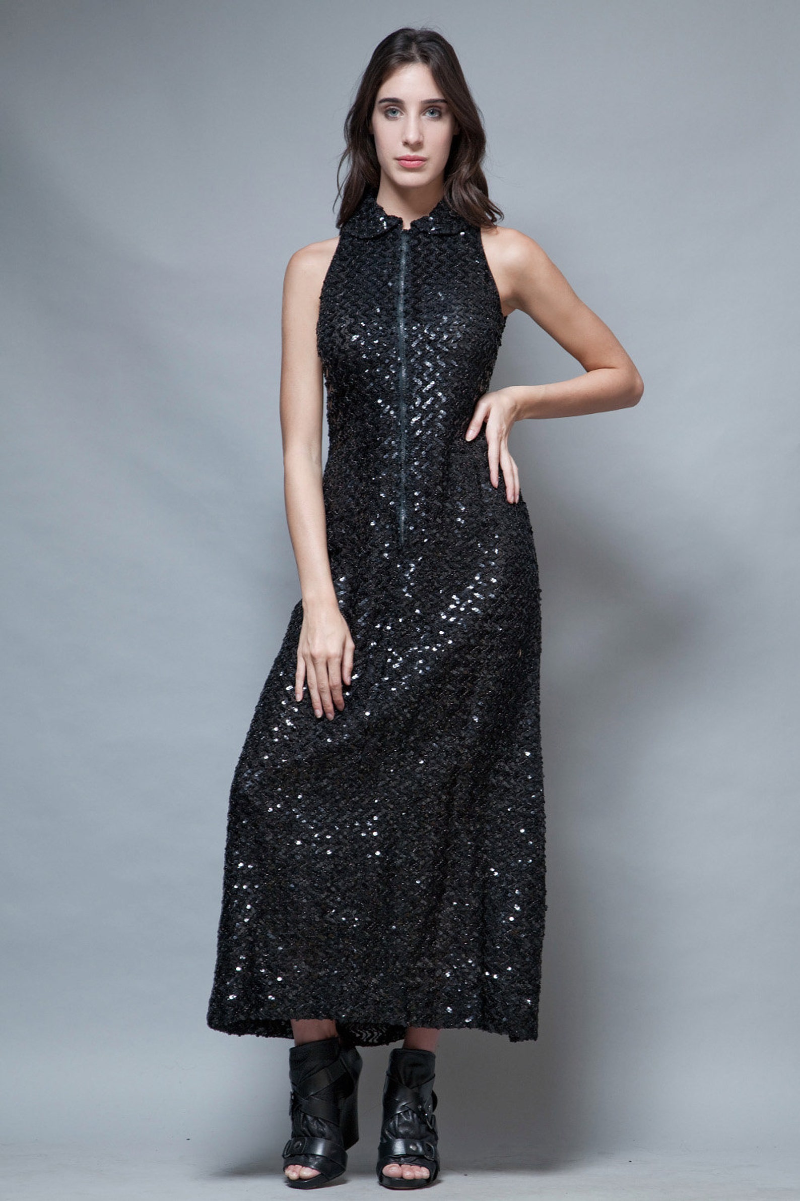 Vintage 70s Party Dress Gown Long Maxi Black Sequins Sleeveless Peter ...