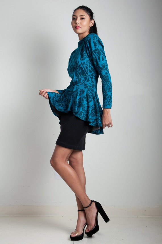 Knit Dress Cascading Peplum Keyhole Cutout Blue Black Shoulder