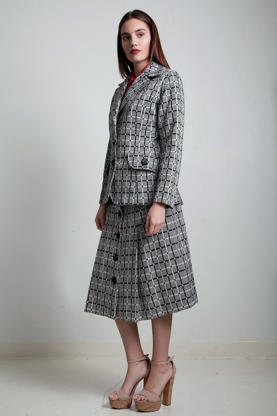 vintage 70s skirt suit black white red plaid blaz… - image 3