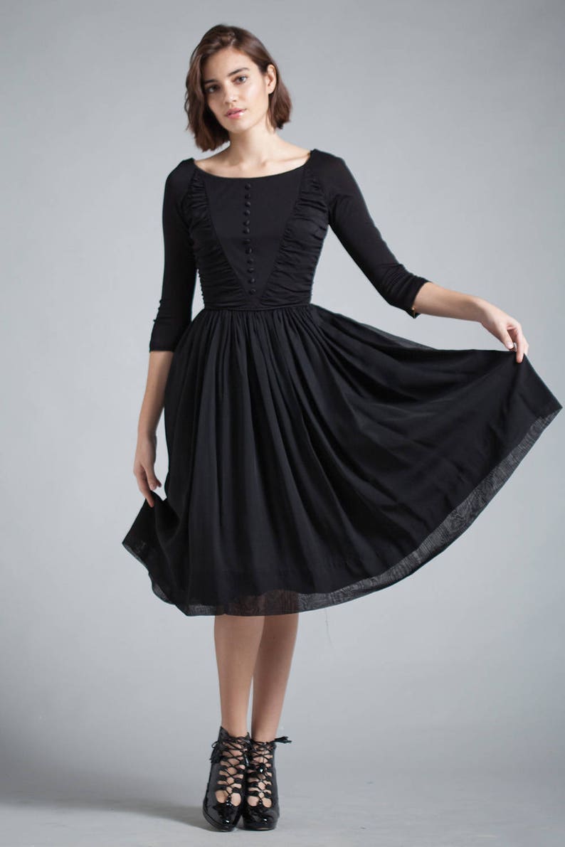 Vintage 50s 1950s LBD Little Black Crepe Dress Gathered 3/4 - Etsy
