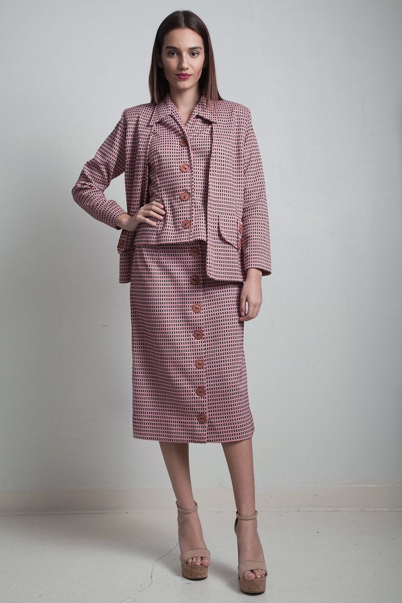 3-piece midi button down skirt suit cardigan jacket top set pink brown textured knit MEDIUM M image 1