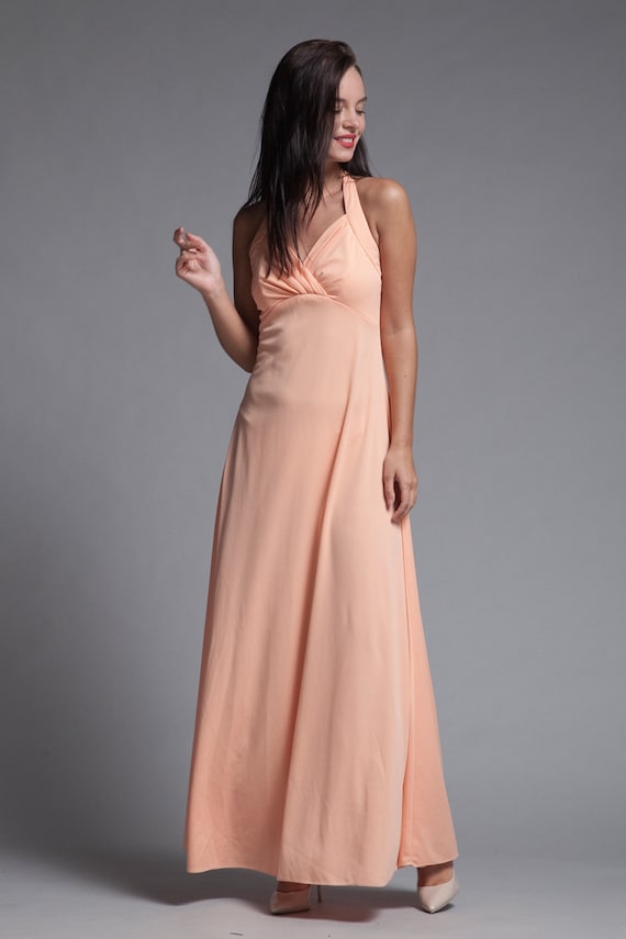 halter maxi dress empire pleated bust open back peach orange vintage 70s EXTRA SMALL XS