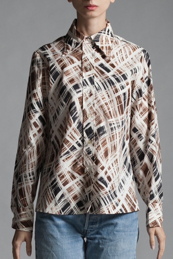 crinkled shirt blouse top abstract plaid print br… - image 6