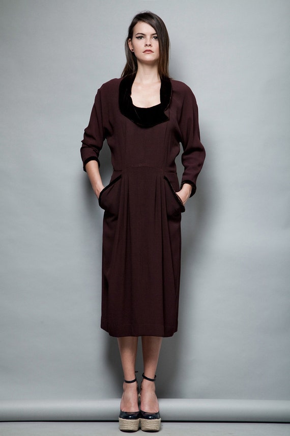 vintage 1940s 40s dress brown rayon crepe velvet … - image 2