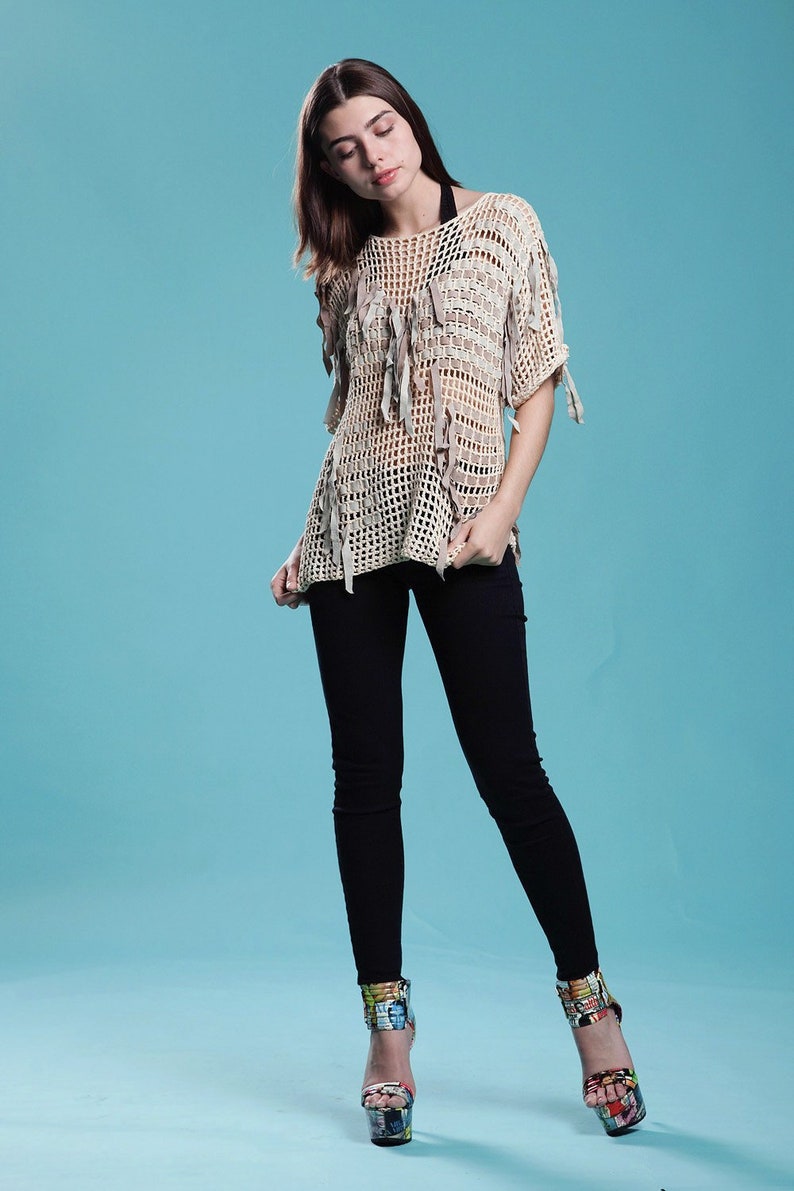 crochet top knit sweater blouse suede leather beige gray open basket weave Bonnie Boerer vintage 80s ONE SIZE S M L