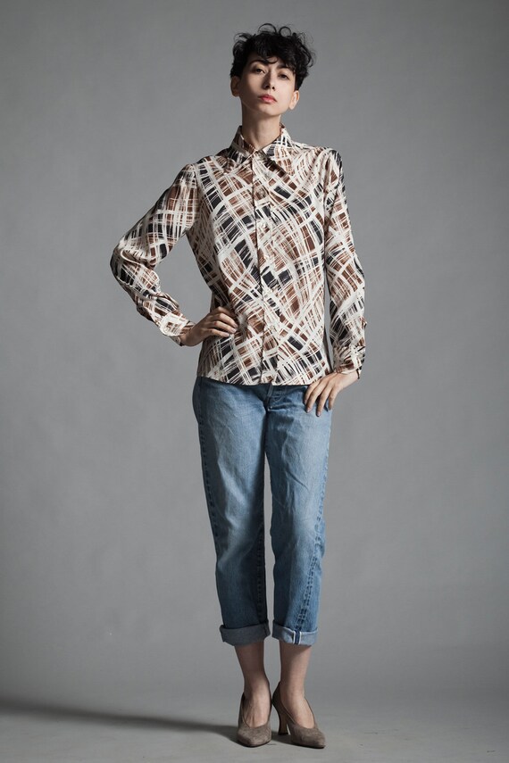 crinkled shirt blouse top abstract plaid print br… - image 1