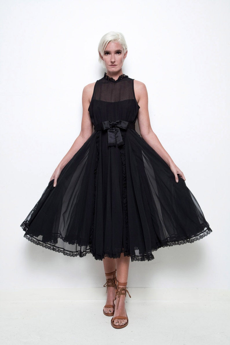 black sleeveless party dress lace trims full skirt sheer chiffon keyhole back vintage 80s M MEDIUM image 2