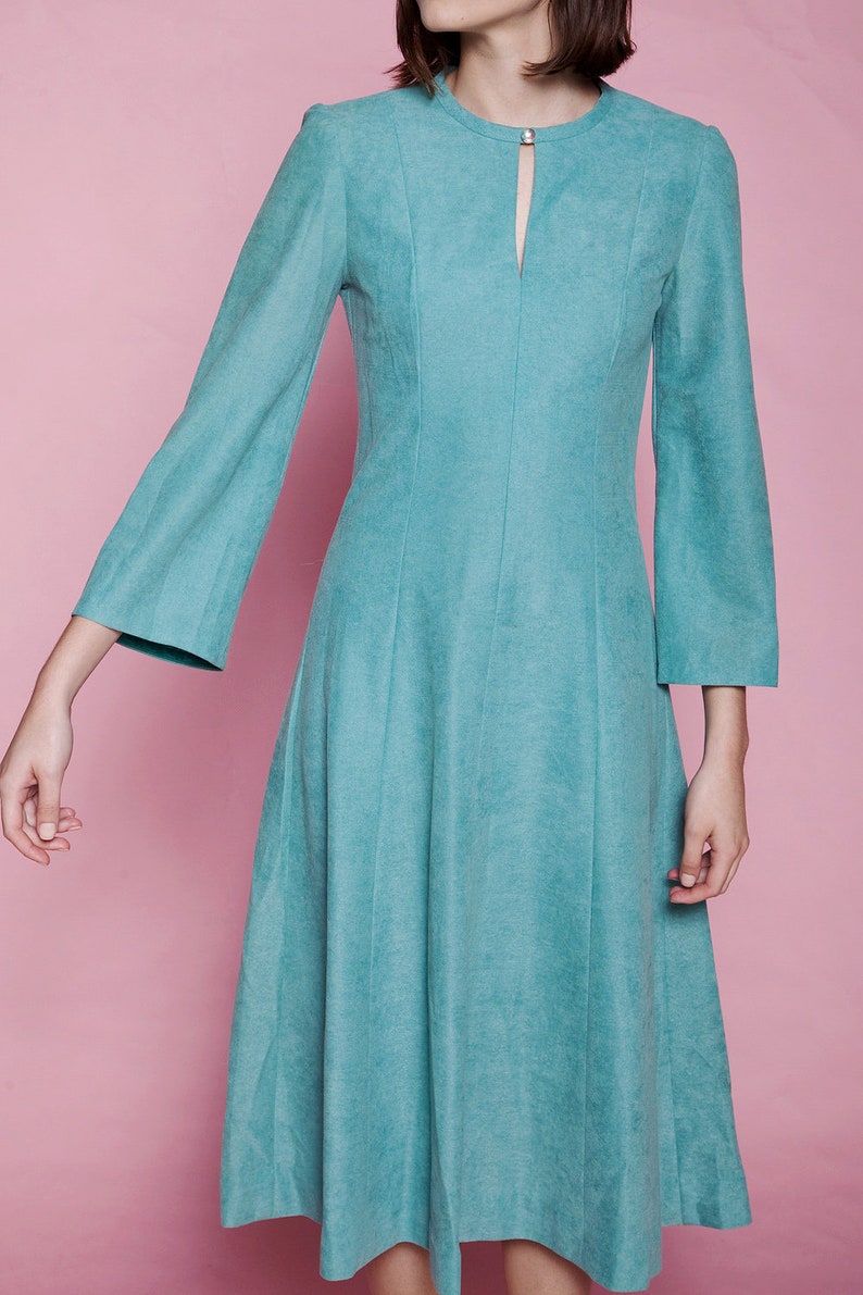 ultrasuede dress aqua blue green flare sleeves keyhole vintage 70s MEDIUM M imagem 9