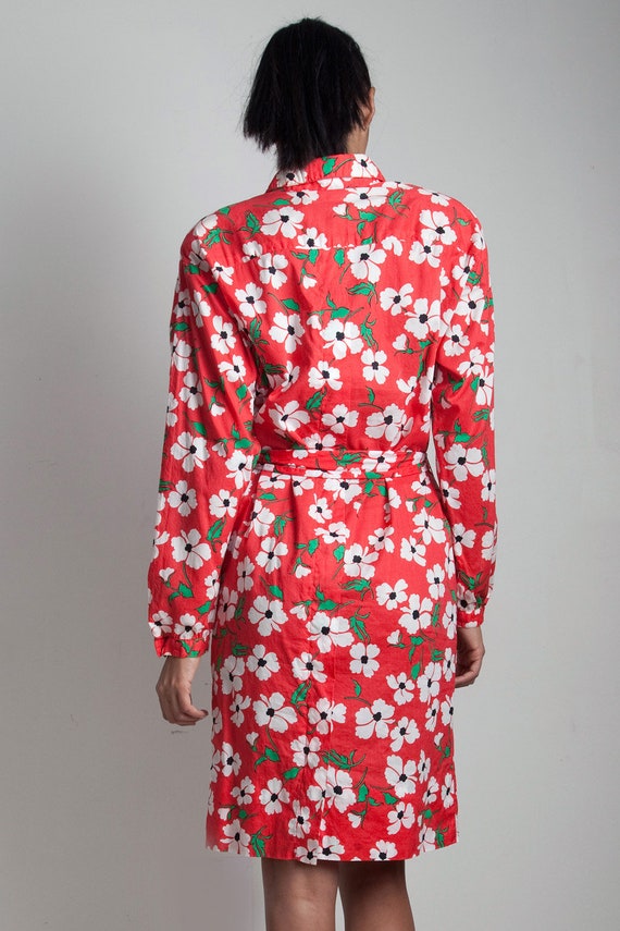 Red Floral Print Belted Shirt Dress 
