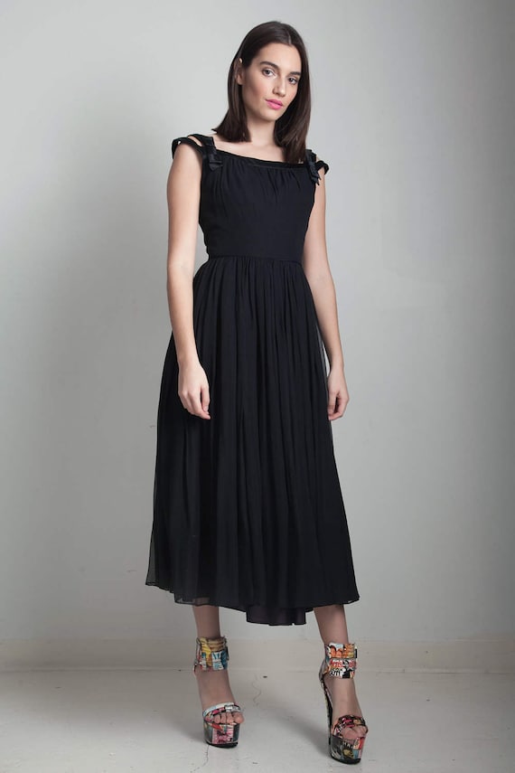 50s black party dress flowy vintage tea length pl… - image 3