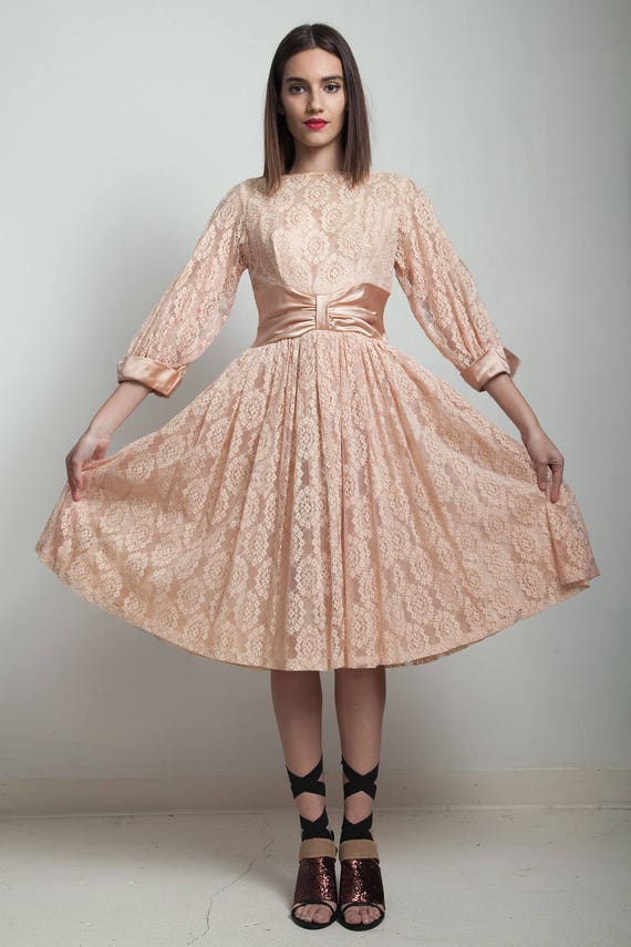 vintage 50s party dress blush pink lace full skir… - image 2