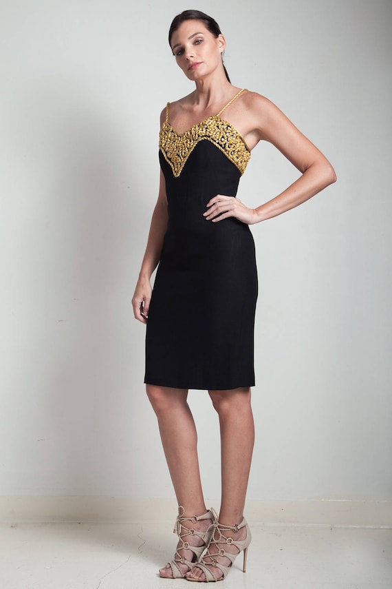 80s Vintage LBD Little Black Dress Gold Macrame Sequined Metallic Spaghetti Straps SMALL S Etsy Canada