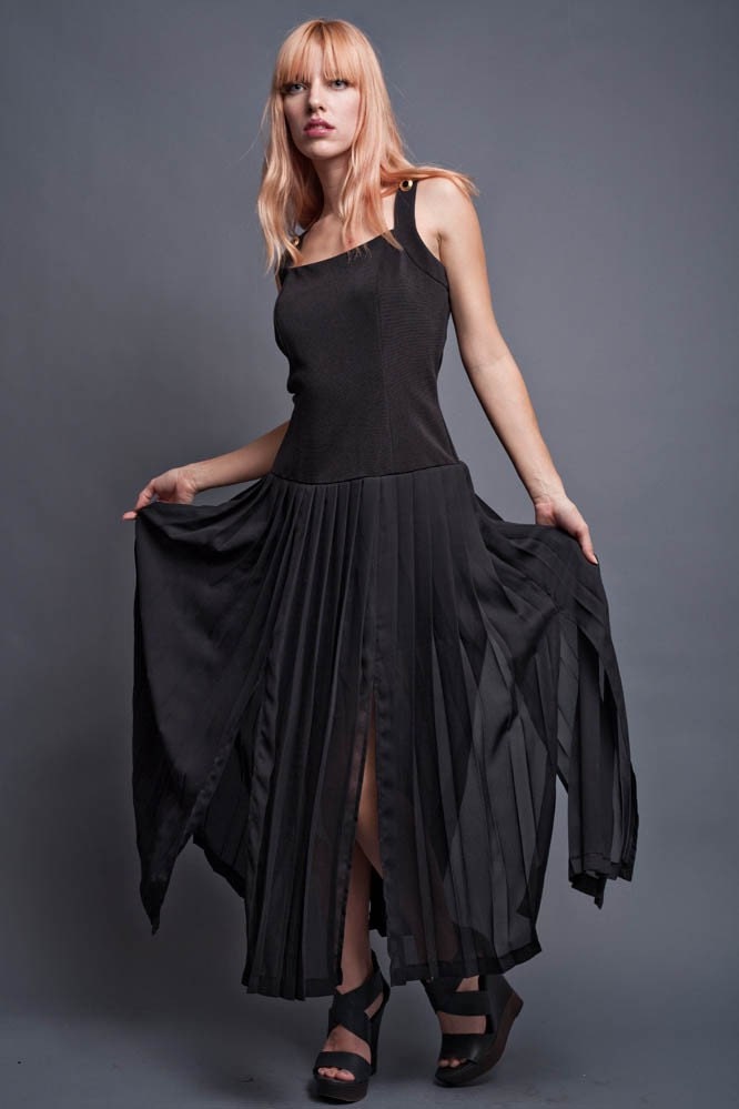 Scarf Dress, Sheer Long Black Dress Vintage 80s Maxi Pleated Flowy ...