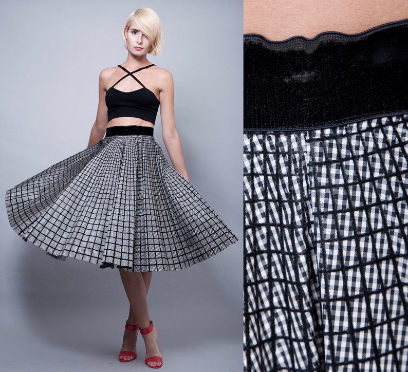 50s circle skirt, black white skirt, full circle skirt, vintage 50s plaid tartan taffeta velvet S Small image 2