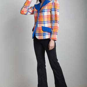 plaid blazer jacket top red orange blue tartan vintage 70s MEDIUM M image 3