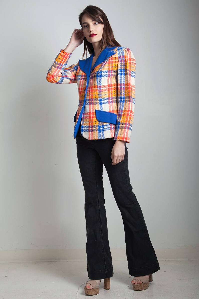 plaid blazer jacket top red orange blue tartan vintage 70s MEDIUM M image 3