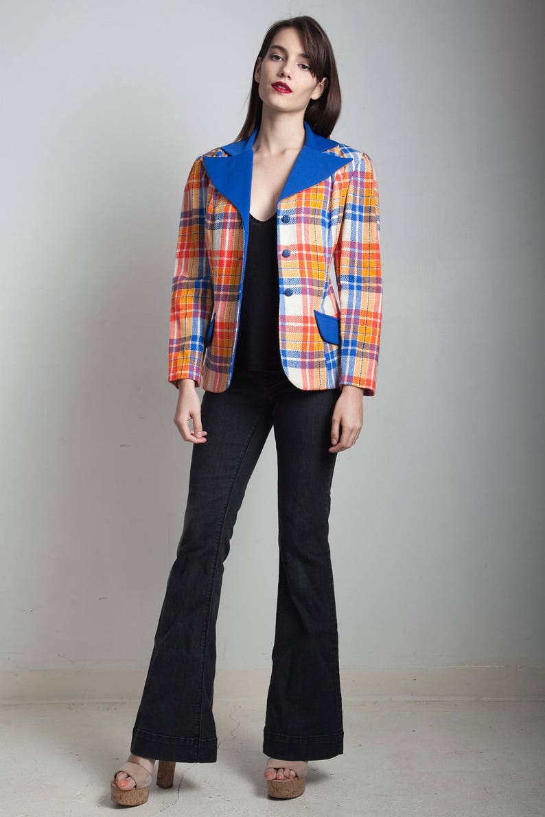 plaid blazer jacket top red orange blue tartan vintage 70s MEDIUM M image 2