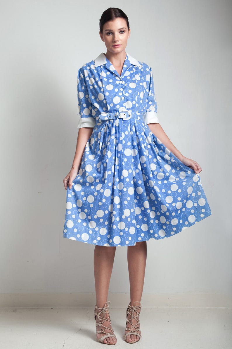 70s vintage shirtwaist dress blue white bubble print cotton belted short sleeves MEDIUM M image 2