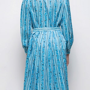 vintage 1970s ascot bow shirtdress mod blue stripes print LARGE L long sleeves knee length image 4