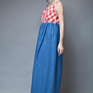 gingham maxi dress, red white blue, gingham plaid dress, sleeveless dress, vintage 70s cotton chambray empire waist LARGE L image 4