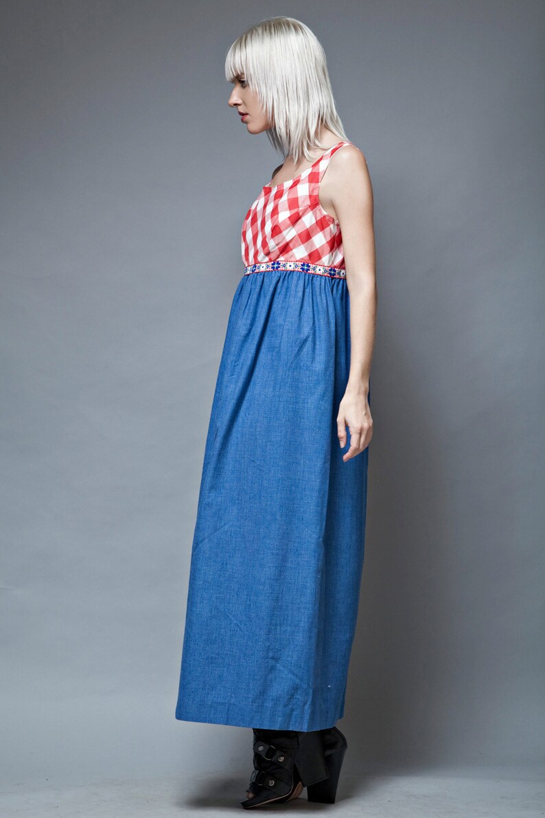 gingham maxi dress, red white blue, gingham plaid dress, sleeveless dress, vintage 70s cotton chambray empire waist LARGE L image 4