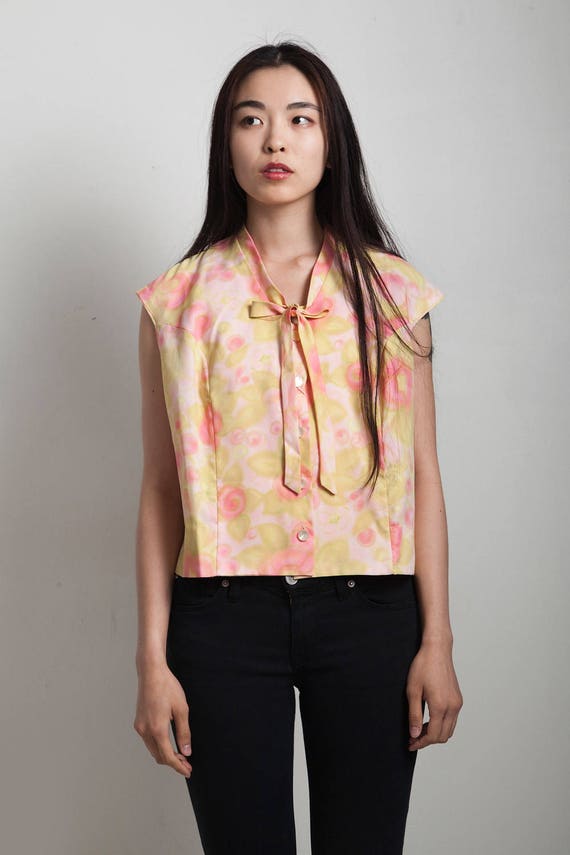 NOS deadstock vintage 60s floral ascot top blouse 