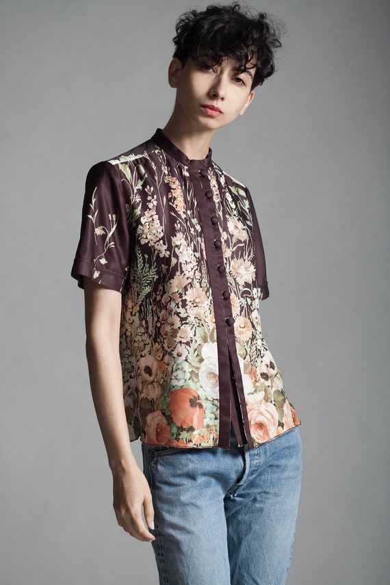 brown watercolor print floral blouse top short sl… - image 2