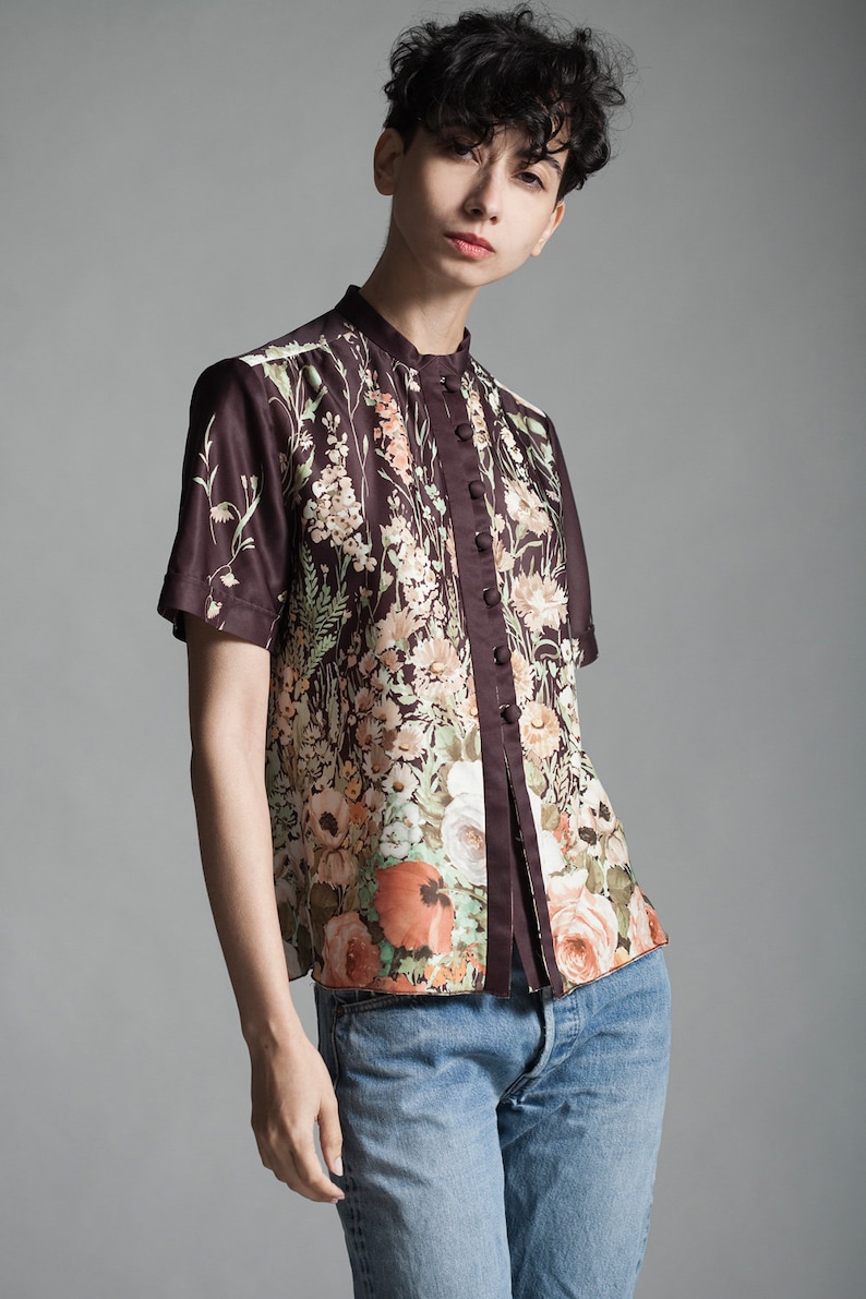 brown watercolor print floral blouse top short sleeves polyester knit vintage 70s SMALL S