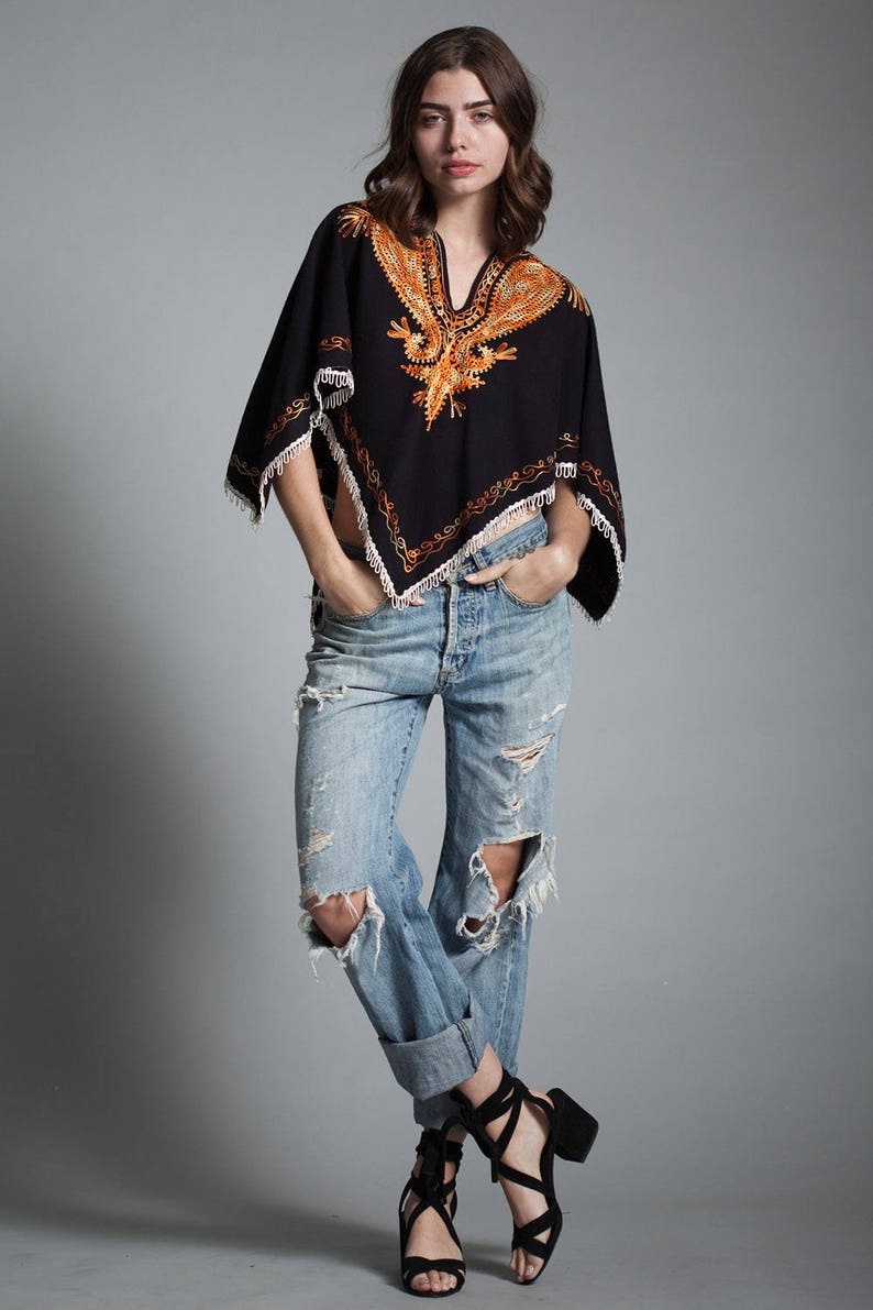vintage 70s poncho cape top hippie boho embroidery black orange ONE SIZE S M L small medium large
