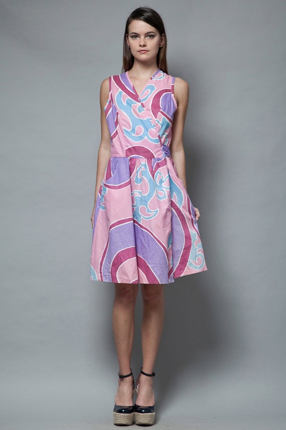 psychedelic wrap dress printed cotton purple pocke