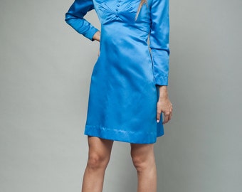 blue mini dress, long sleeve dress, empire mini dress, vintage 60s MOD long sleeves empire waist S (36" bust) - Small