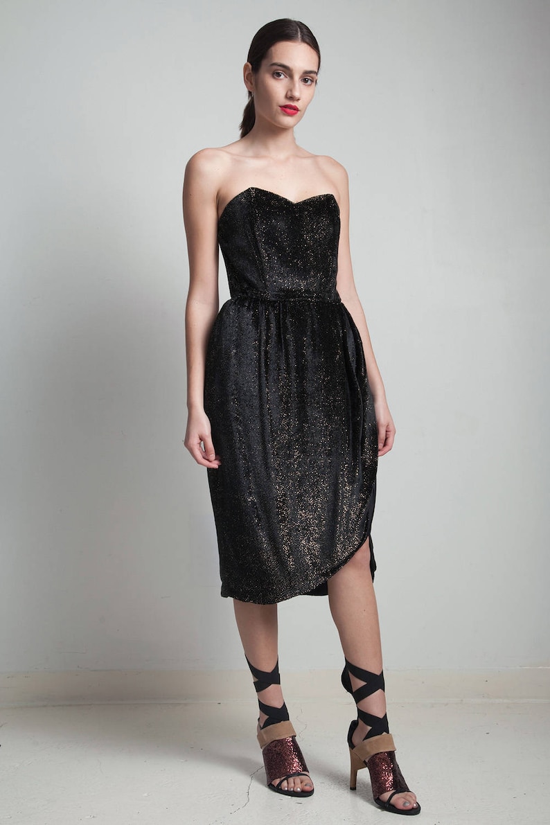 Vintage 80s Strapless Party Cocktail Dress Black Gold Velvet Lurex ...