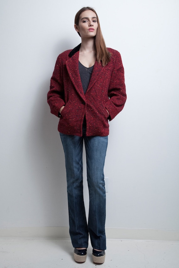 red herringbone tweed jacket vintage 80s Guy Laroc