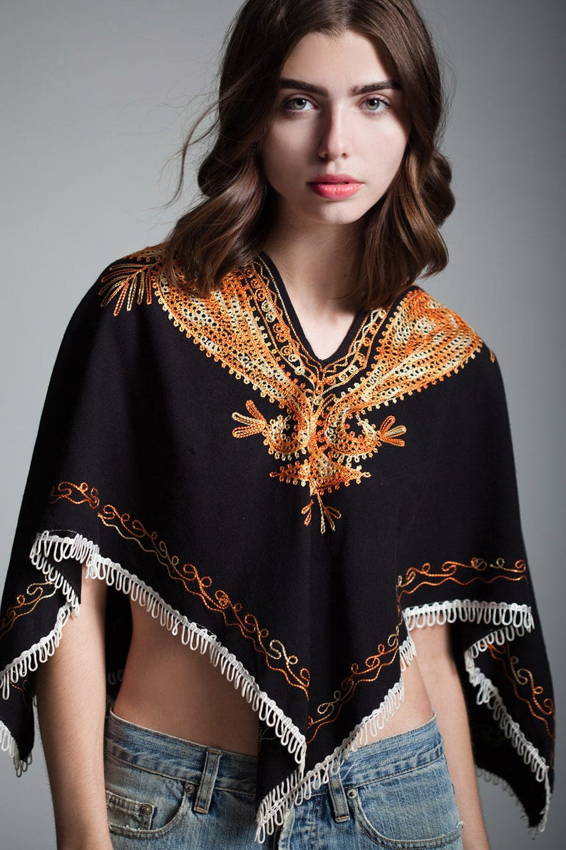 vintage 70s poncho cape top hippie boho embroidery black orange ONE SIZE S M L small medium large
