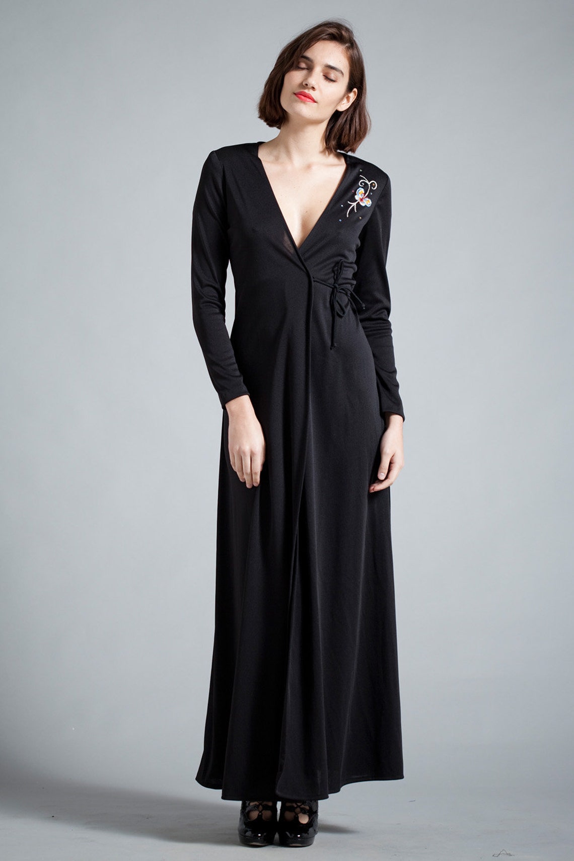 Vintage 70s Maxi Wrap Dress Black Long Sleeves Butterfly Embroidery vintage-70s-maxi-wrap-dress-black-long-sleeves-butterfly-embroidery