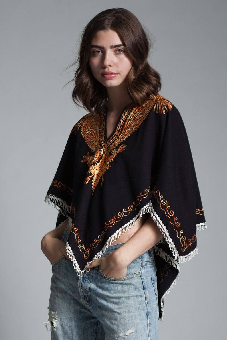 vintage 70s poncho cape top hippie boho embroidery black orange ONE SIZE S M L small medium large
