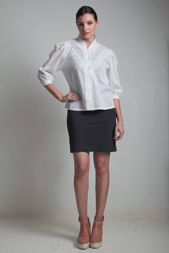 70s vintage white cotton top blouse floral eyelet