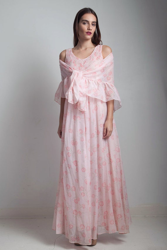 sheer gauzy boho cotton dress 1970s pink floral em