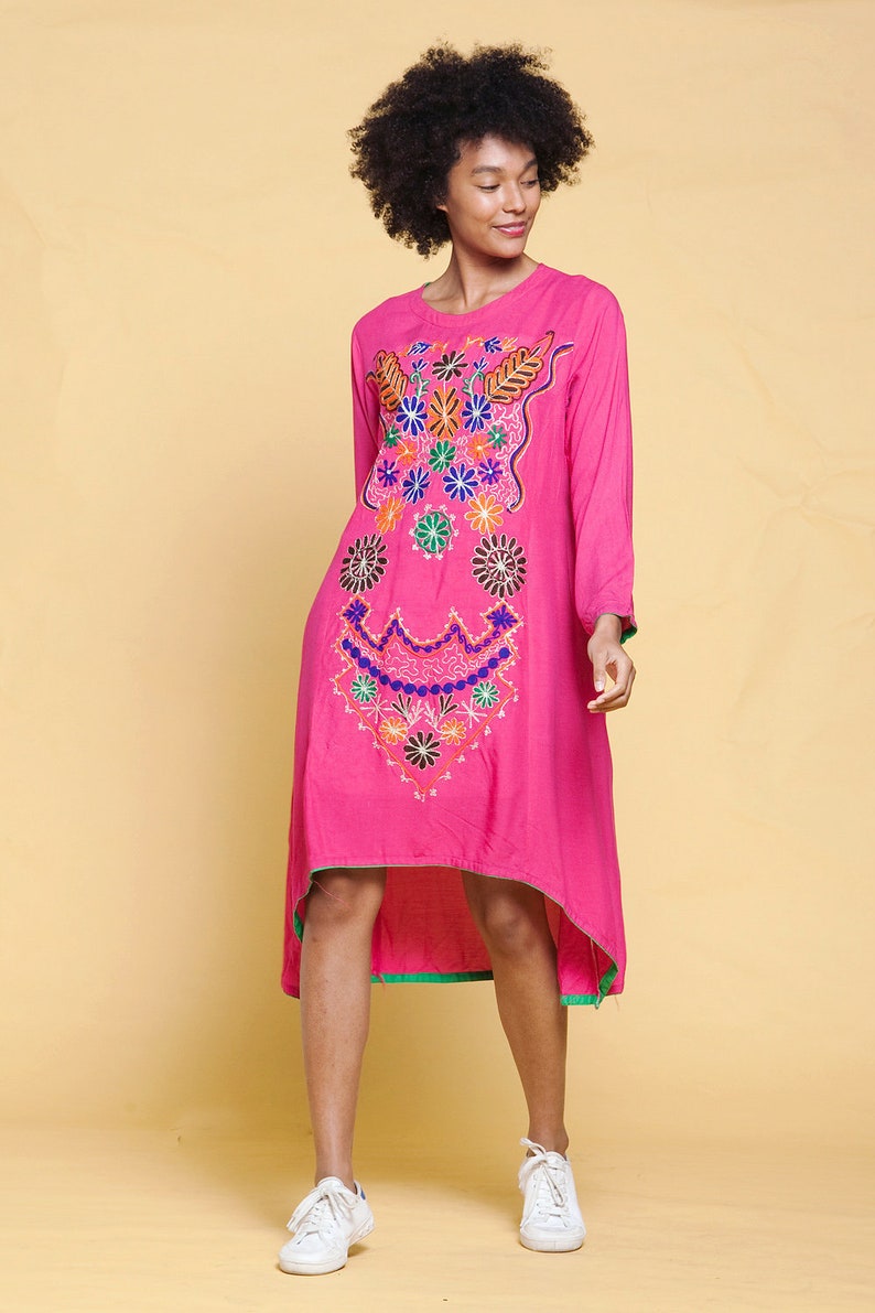 boho cotton festival dress hi-lo bright pink ethnic embroidery floral long sleeves vintage 70s MEDIUM M image 2