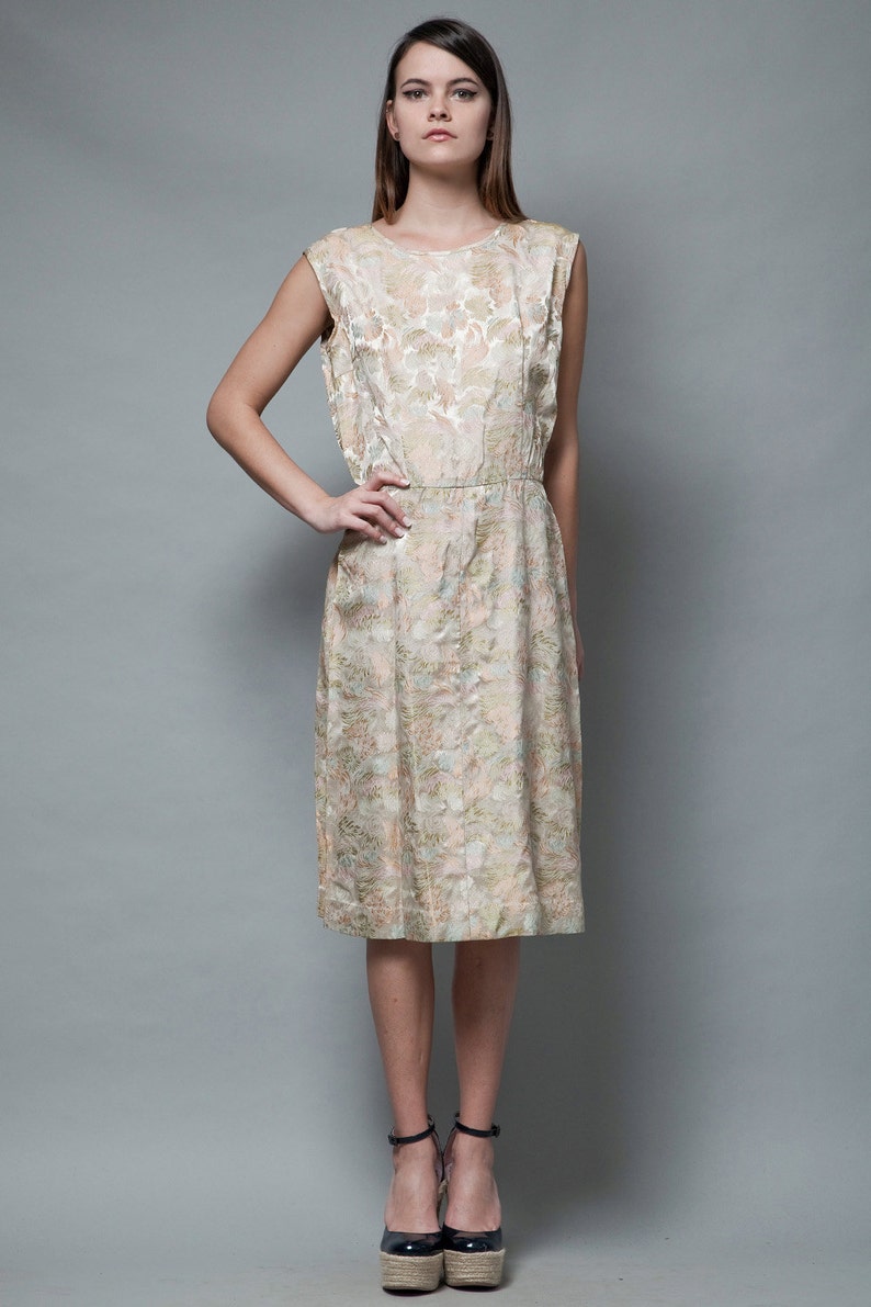 unworn deadstock vintage 1940's party dress brocade Chinoiserie gold floral metallic sleeveless M L MEDIUM LARGE image 3