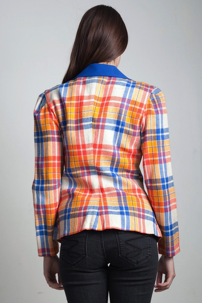 plaid blazer jacket top red orange blue tartan vintage 70s MEDIUM M image 5